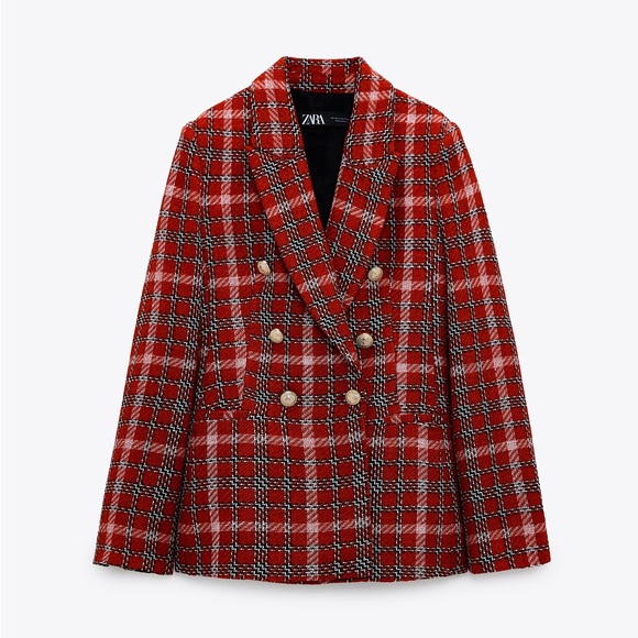 Zara plaid double breasted blazer red black - Picture 3 of 3